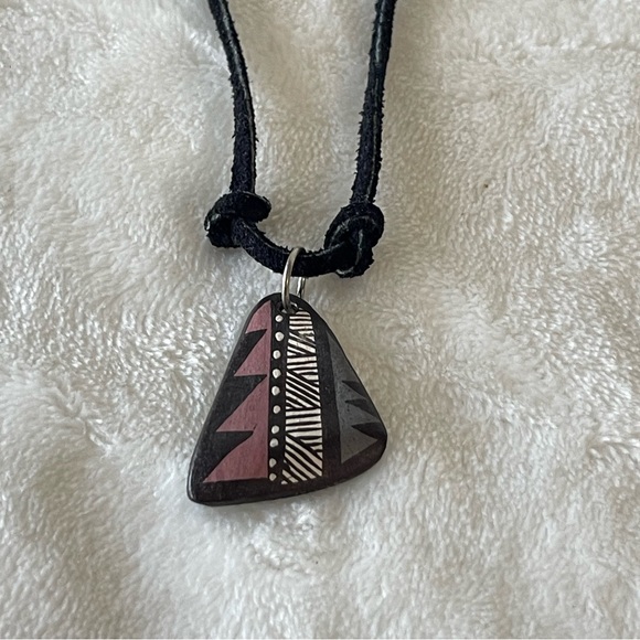 Vintage Pueblo C Concho Acoma hand painted pottery shard signed necklace